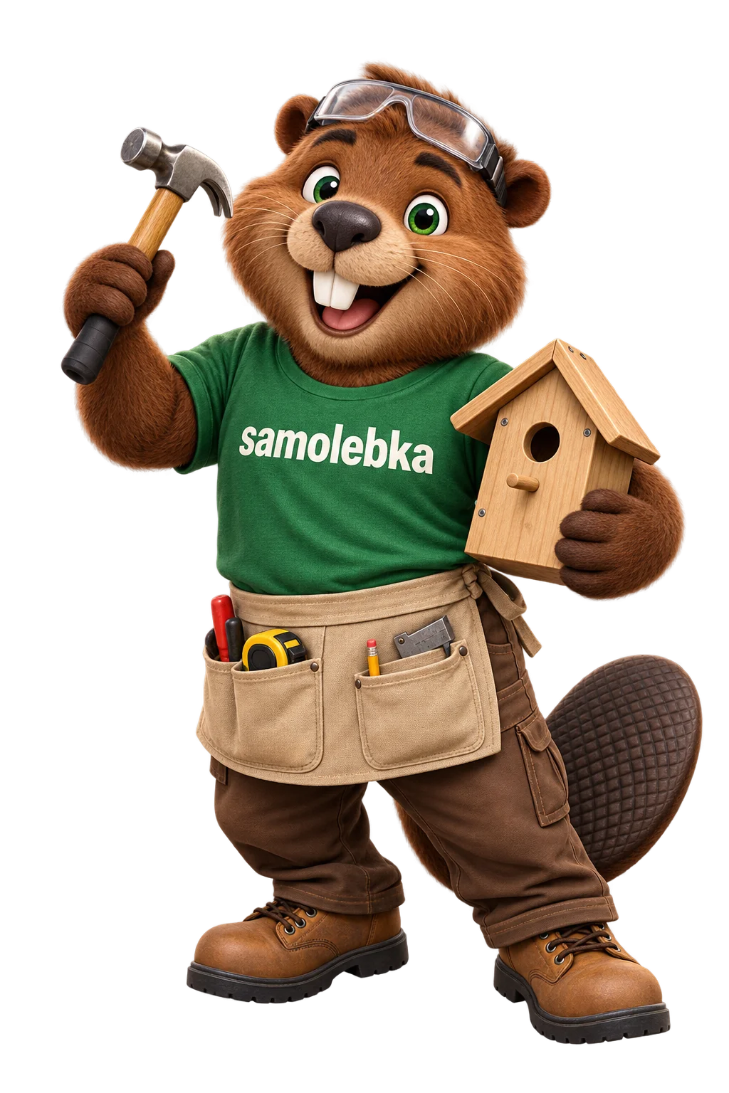 Hnědý bobří truhlář v zeleném tričku s nápisem „samolebka“ drží kladívko a ptačí budku.